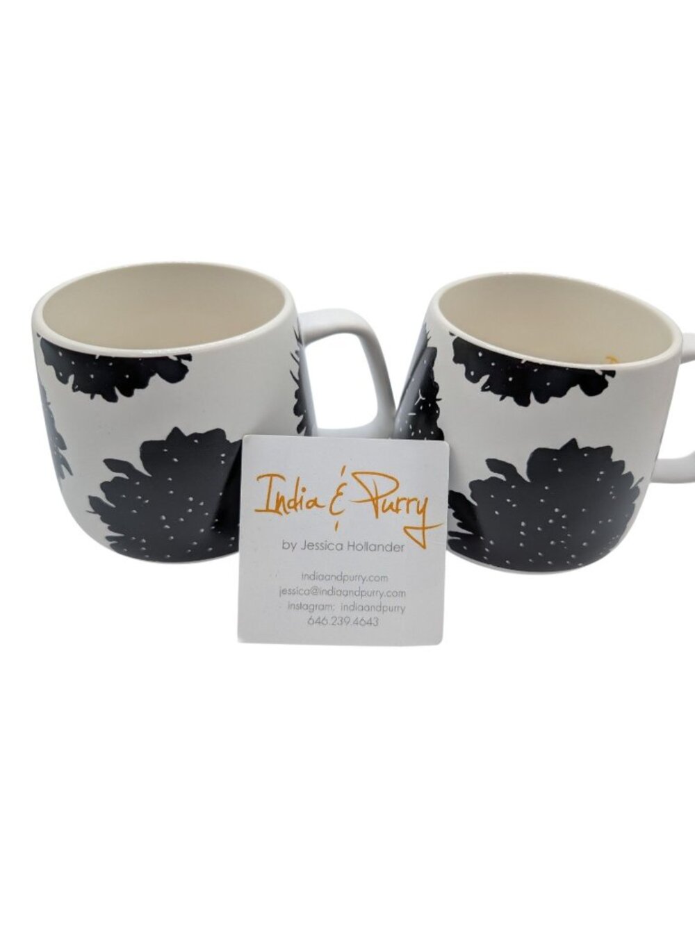 India & Purry Porcelain Coffee Mug Set With Black Scabiosa Floral Design - Picture 2 of 10